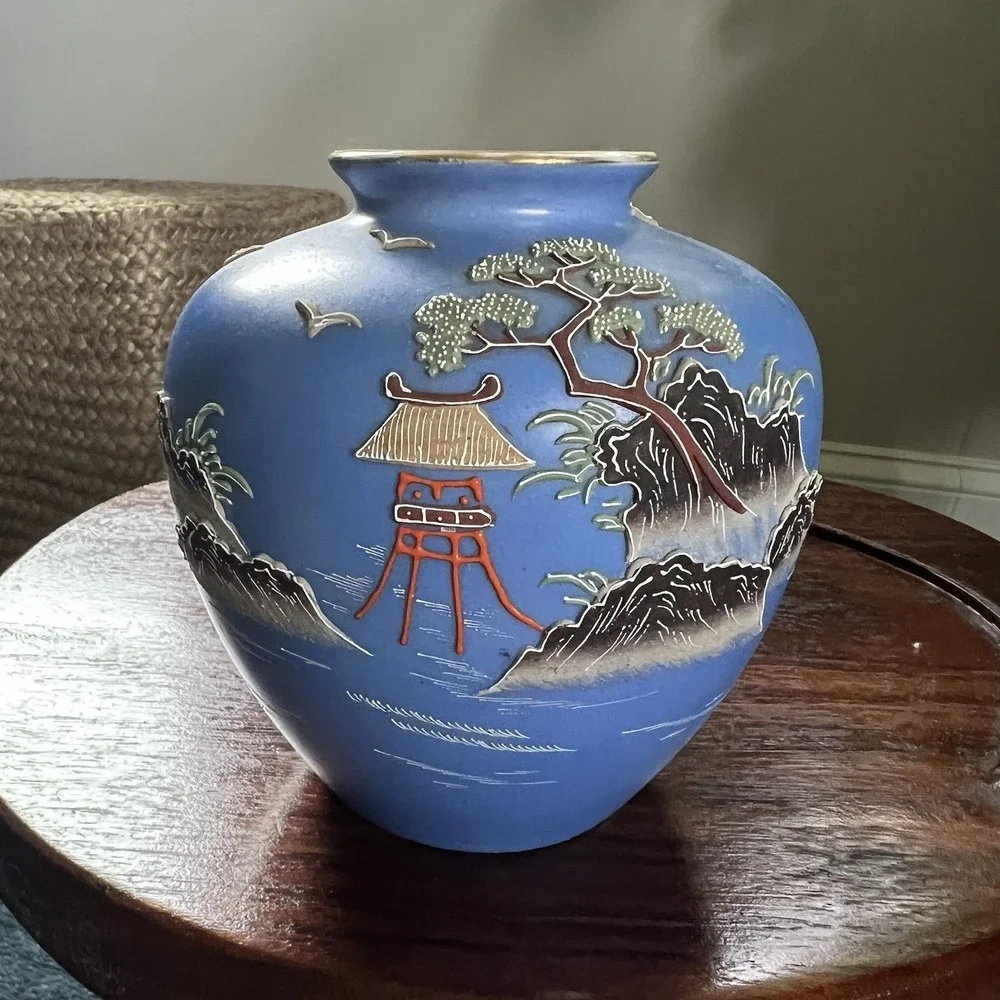 Moriyama Porcelain Vase Textured Bonsi Tree Blue Japanese Ceramic Porcelain VTG